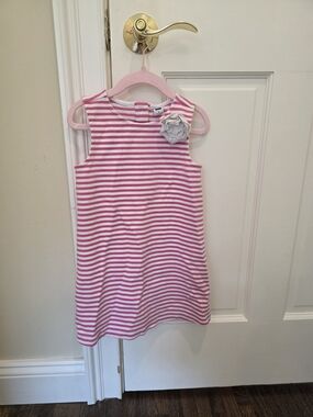 Janie + Jack Pink and White Striped Sleeveless Dress with Flower Accent - SZ 5